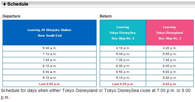 Tokyo Disneyland Shuttle Bus Timetable